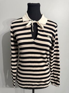 Lacoste Black and Beige Striped Long Sleeve Polo Tee